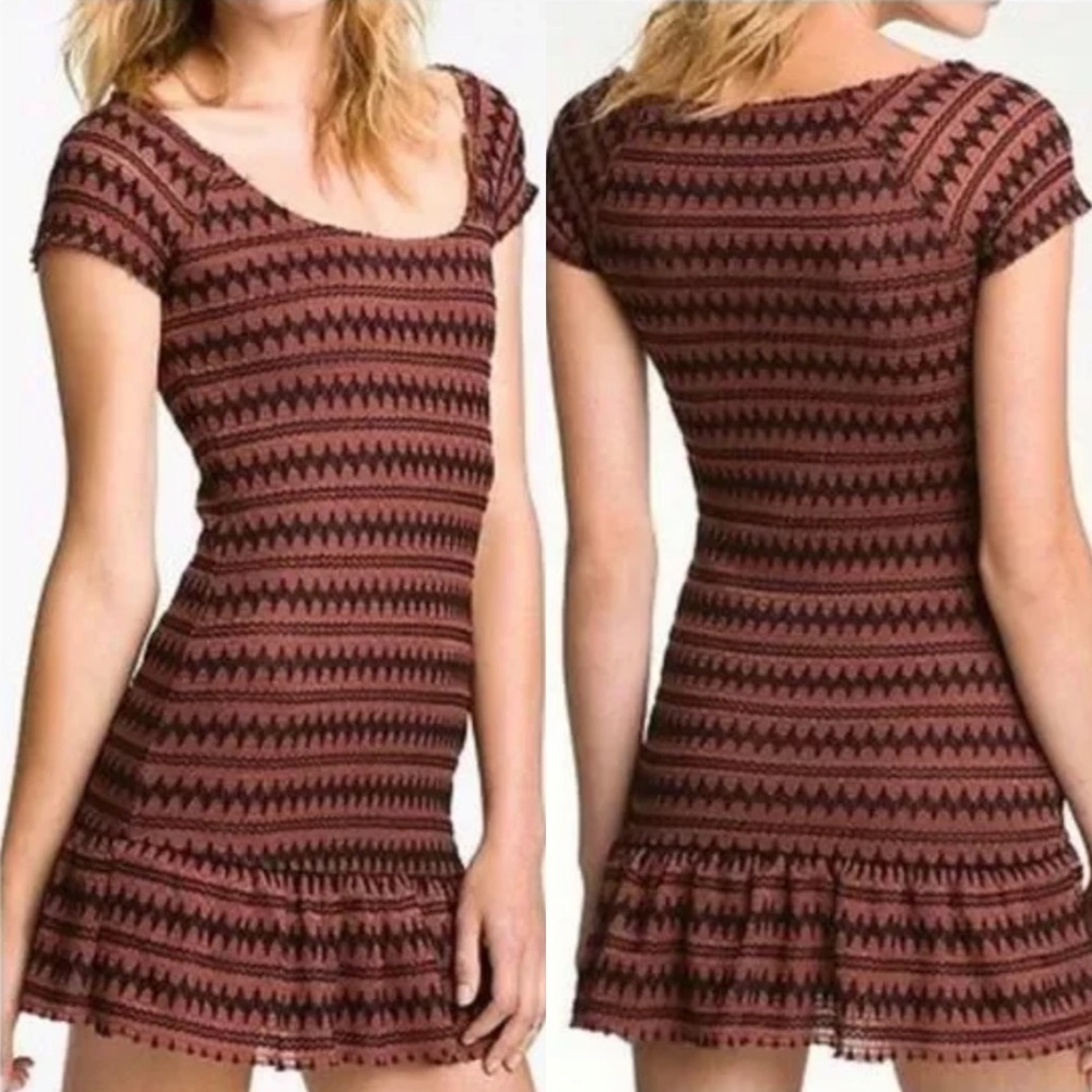 Free People Cozy‎ Day Flounce Hem Brown Mini Dress Ruffle Skirt Bohemian Boho XS